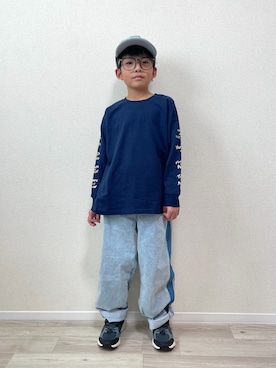 「and D. petit main（アンドディープティマイン）の【365D.】袖プリントビッグロンT（Tシャツ/カットソー、ブルー系）」を使った、mocchirhさん（キッズ・110cm）の春コーディネート