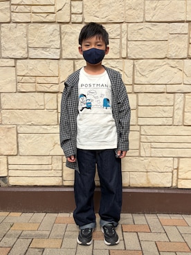 「PAIRMANON STREET（ペアマノンストリート）の【100-160cm】チェック フード付き 長袖 シャツ 【PAIRMANON STREET】（シャツ/ブラウス、ブラック系）」を使った、mocchirhさん（キッズ・110cm）の秋コーディネート