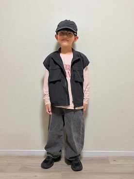 「MAKE YOUR DAY（メイクユアデイ）のダブルジップナイロンベスト■80～140cm（ベスト、ブラック系）」を使った、mocchirhさん（キッズ・110cm）の秋コーディネート