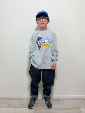 「Ocean&Ground（オーシャン&グラウンド）のCOOKIEﾌﾟﾘﾝﾄﾛﾝT【ONLINE EXCLUSIVE】（Tシャツ/カットソー、グレー系）」を使った、mocchirhさん（キッズ・110cm）の春コーディネート