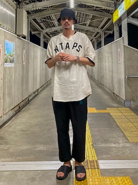 「ノーカラーシャツ」｜「アイテム（サンダル）」を使った、matyyyさん（メンズ・184cm）の夏コーディネート