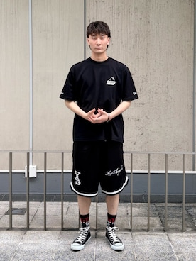 「NEW ERA（ニューエラ）のXLARGE×NEW ERA PERFORMANCE S/S TEE（Tシャツ/カットソー、ブラック系）」を使った、TOHMAさん（メンズ・173cm）の夏コーディネート