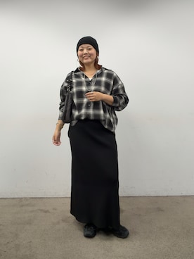 「Remind me and forever（リマインドミーアンドフォーエバー）のチェック2WAYBIGシャツ（シャツ/ブラウス、ブラック系）」を使った、kana18sさん（レディース・158cm）の秋コーディネート