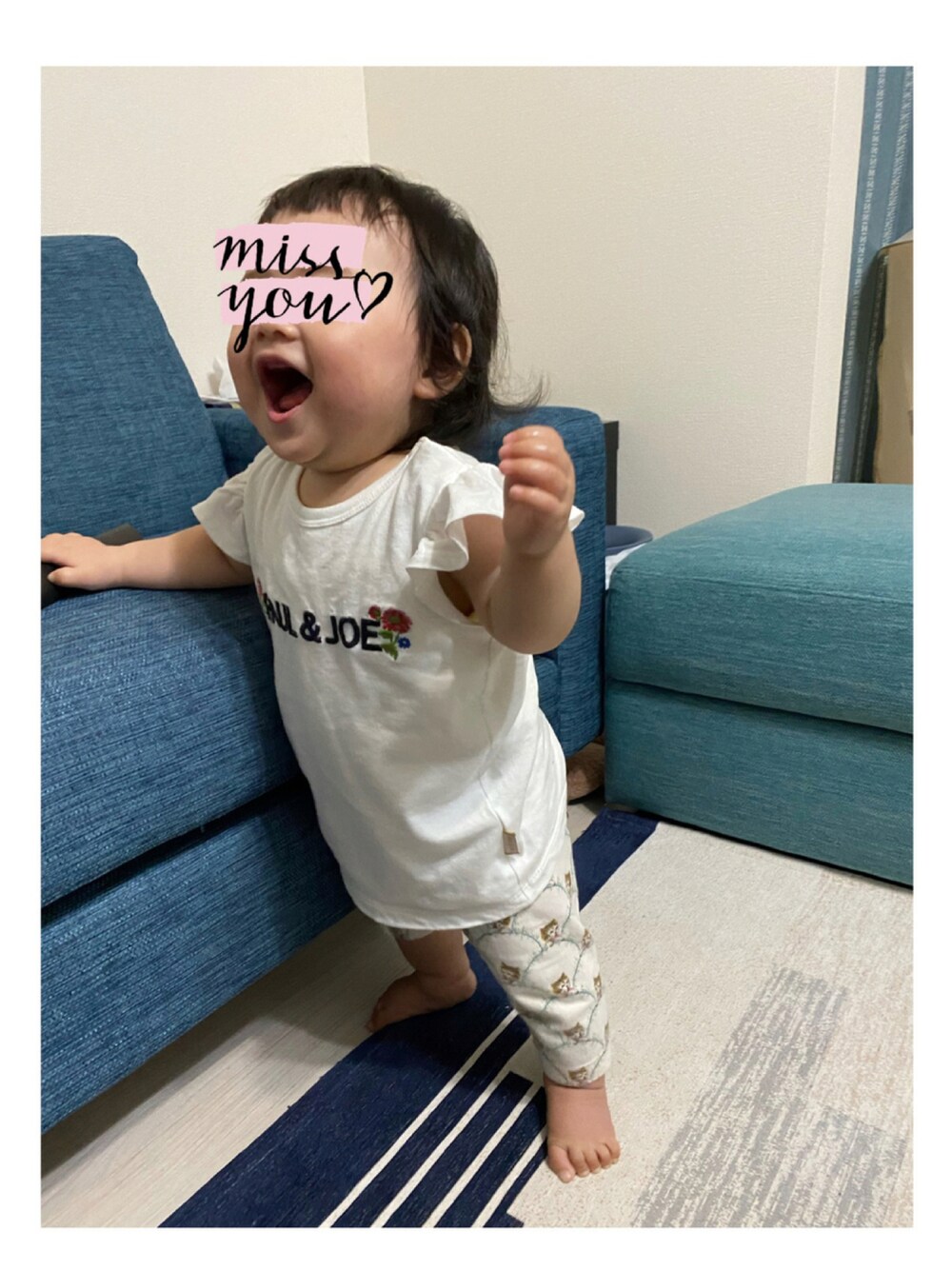「カジュアルコーデ、女の子コーデ、9ヶ月、80cm」｜「UNIQLOのアイテム（Tシャツ/カットソー、ホワイト系）」を使った、なのさん（キッズ・80cm）の秋コーディネートの1枚目の写真