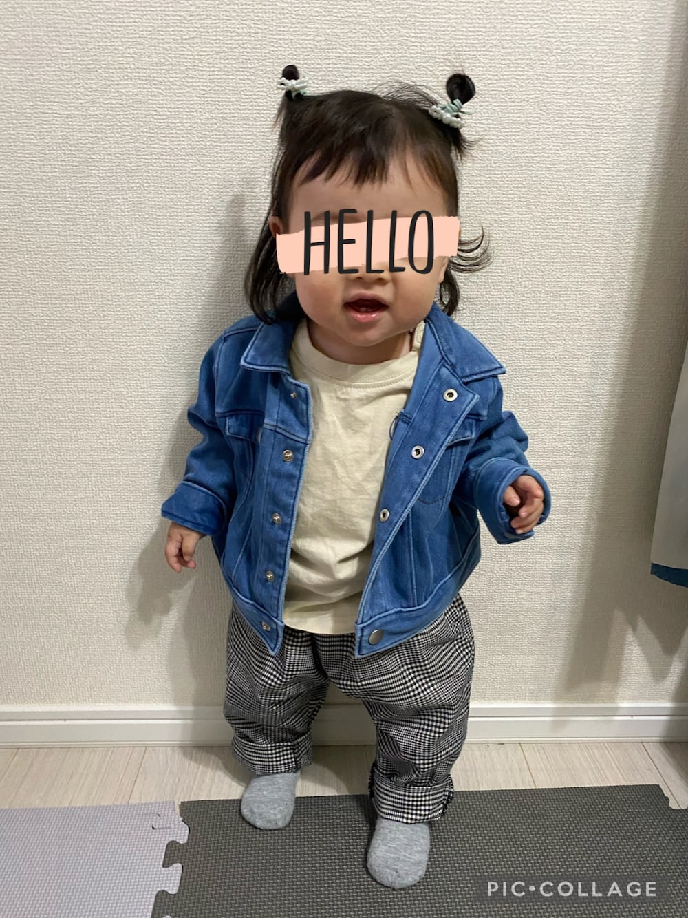 「秋のコーデ、デニムジャケット、ジージャン、ゆるコーデ、シェフパンツ、女の子、キッズファッション」｜「BREEZEのWEB限定 シェフパンツ（その他パンツ、ブラック系）」を使った、なのさん（キッズ・80cm）の秋コーディネートの1枚目の写真