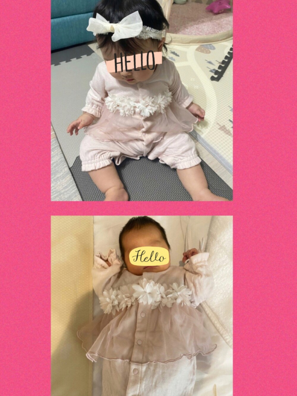 「ピンク、70cm、ベビードレス、新生児、50cm、60cm」｜「petit mainのチュールリボンヘアバンド（ヘアバンド、ホワイト系）」を使った、なのさん（キッズ・70cm）の秋コーディネートの1枚目の写真