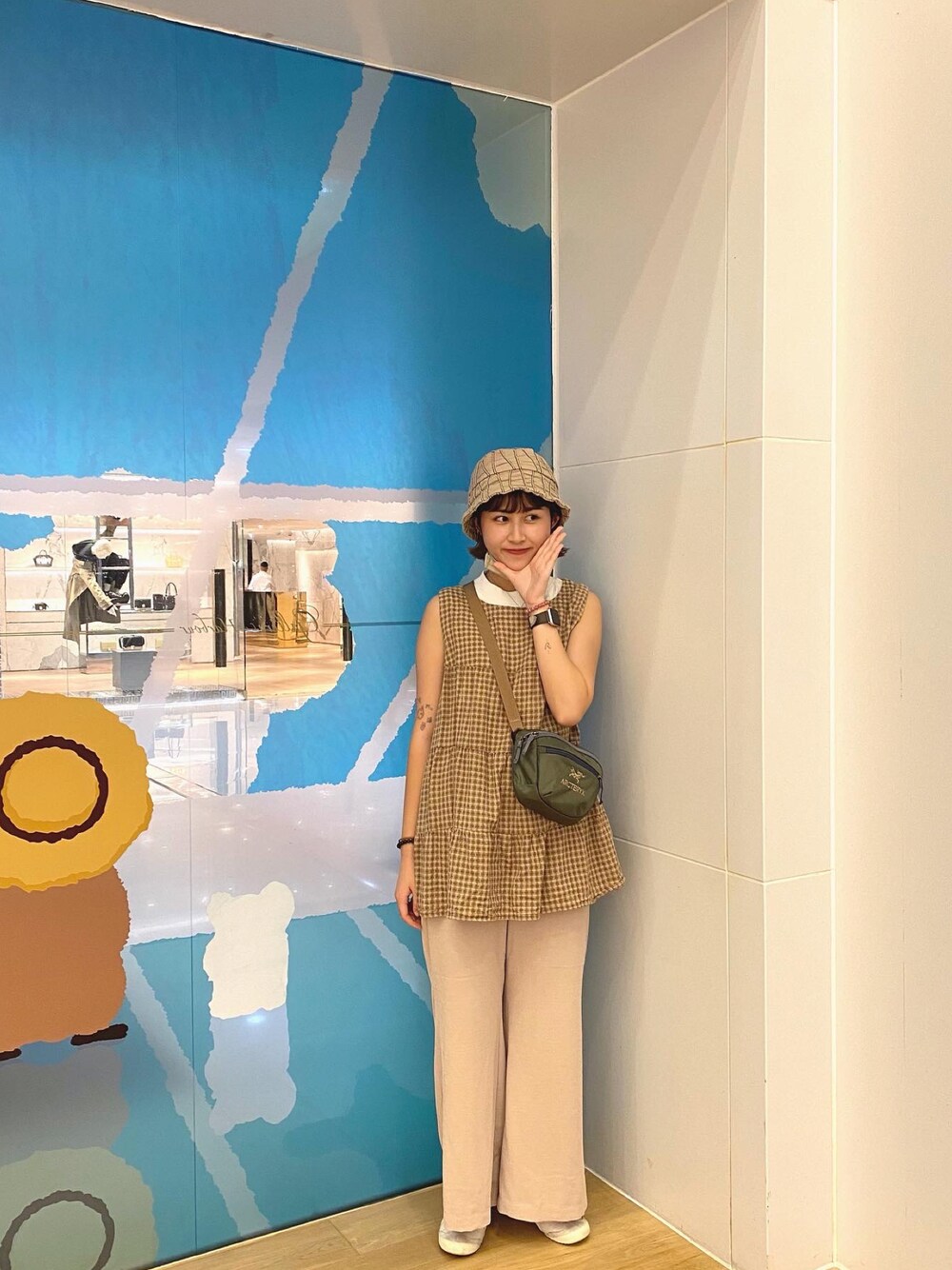 「ootd、夏、休閒、BEAMS」｜「BEAMSのアイテム（ショルダーバッグ、グリーン系）」を使った、ruby𓅷さん（レディース・158cm）の夏コーディネートの1枚目の写真