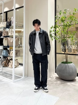 「アイテム（ライダースジャケット）」を使った、竹内 准哉さん（メンズ・176cm）の春コーディネート