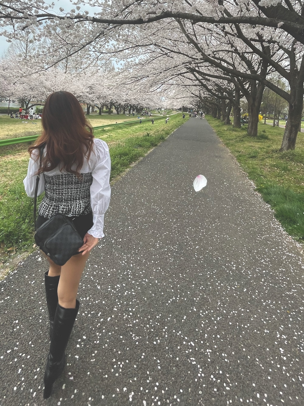 「フレンチガーリー、おしゃれさんと繋がりたい、休日スタイル、キレイめ、ホワイト、ブラック」｜「LOUIS VUITTONのアイテム（バッグ、ブラック系）」を使った、mimimi0502さん（レディース・160cm）の春コーディネートの1枚目の写真