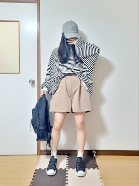 「ロングヘア」｜「アイテム（キャップ）」を使った、文さん（レディース・153cm）の春コーディネート