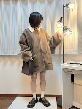 「アイテム（ノーカラーコート）」を使った、文さん（レディース・153cm）の秋コーディネート