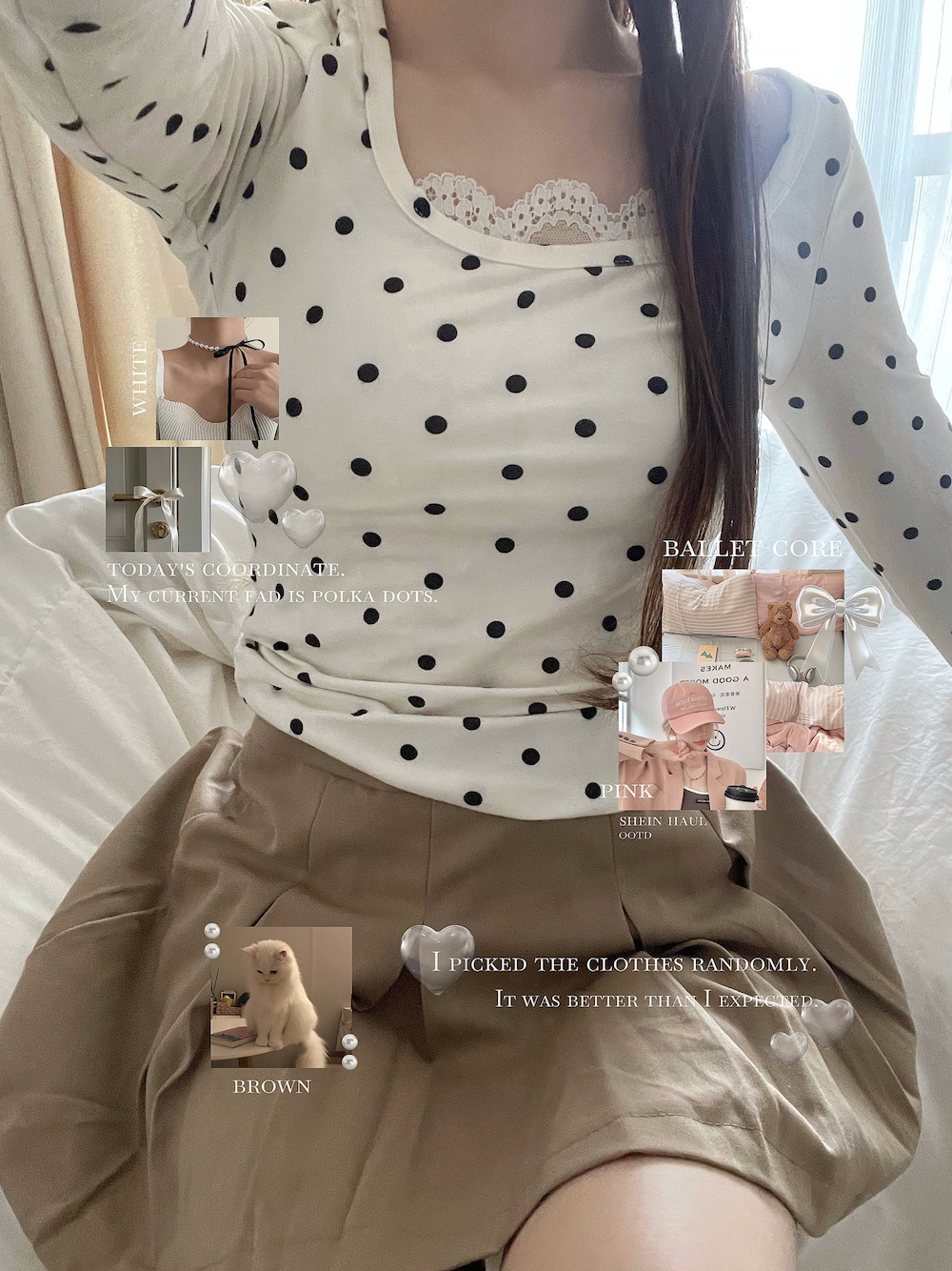 「shein、春コーデ、プチプラコーデ、水玉、ミニスカート、カジュアルガーリー、韓国ファッション、韓国コーデ、夏コーデ」｜「sheinのアイテム（トップス、ホワイト系）」を使った、3boさん（レディース・158cm）の夏コーディネートの1枚目の写真
