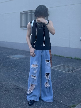 「me+em select（ミームセレクト）の【 選べる３サイズ 】ヘビーワイドヴィンテージルーズダメージバギーデニム ／ Heavy wide vintage loose damaged baggy denim（デニムパンツ）」を使った、はると / プチプラ×差別化・一癖さん（メンズ・166cm・10代）の夏コーディネート