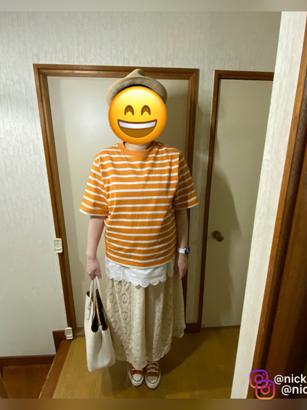 「夏セールで買いました、ハット、オレンジ、ボーダー、高身長女子、オトナ女子、ラクチンコーデ、スニーカー」｜「EdgeCityのアイテム（ハット、ベージュ系）」を使った、sakura2009sakuraさん（レディース・165cm）の夏コーディネートの1枚目の写真