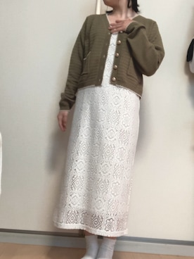 「ems excite（エムズエキサイト）の配色ショート柄カーデ（カーディガン/ボレロ、グリーン系）」を使った、ひめさん（レディース・152cm）の春コーディネート