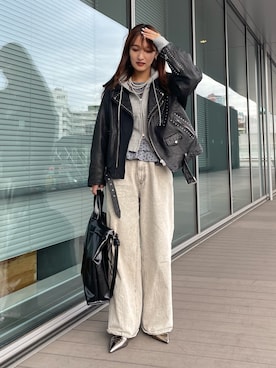 「アイテム（ライダースジャケット）」を使った、KANAKOさん（レディース・163cm）の秋コーディネート