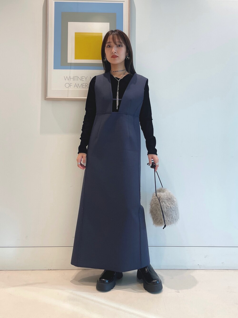 BEAMSGOLF ファー付きノースリーブワンピース ネイビー