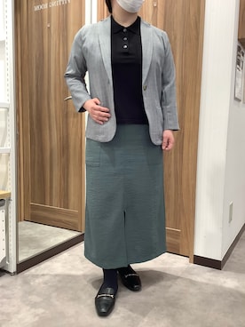「TOKYO SHIRTS（トウキョウシャツ）のドライレーヨン 半袖 ポロ衿 プルオーバー（ニット/セーター、ブラック系）」を使った、TOKYO SHIRTS 成田イオンモール店さん（レディース・156cm）の夏コーディネート