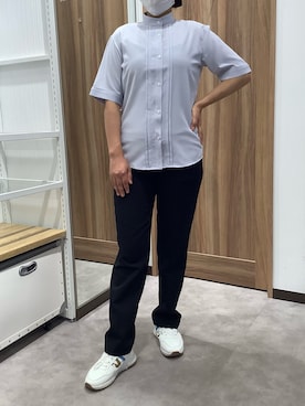 「TOKYO SHIRTS（トウキョウシャツ）の【吸水速乾】【COFREX】スタンド衿 ピンタック ブラウス 五分袖 レディースデザインシャツ（シャツ/ブラウス、ブルー系）」を使った、TOKYO SHIRTS 成田イオンモール店さん（レディース・156cm）の春コーディネート