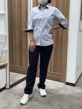 「TOKYO SHIRTS（トウキョウシャツ）の【透け防止】 形態安定ノンアイロン ワイド 7分袖ビジネスワイシャツ（ビジネスシャツ、ブルー系）」を使った、TOKYO SHIRTS 成田イオンモール店さん（レディース・156cm）の春コーディネート