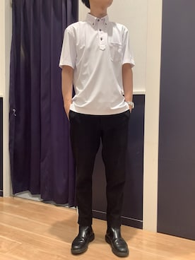 「TOKYO SHIRTS（トウキョウシャツ）のビズポロ コンフォートドライ 半袖ポロシャツ（ポロシャツ、ホワイト系）」を使った、BRICK HOUSE by Tokyo Shirts 武蔵村山イオンモール店さん（メンズ・168cm）の夏コーディネート