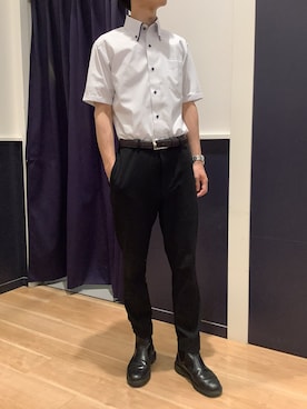 「TOKYO SHIRTS（トウキョウシャツ）の【超形態安定】【吸水速乾】 形態安定ノンアイロン ボタンダウン 半袖ビジネスワイシャツ（ビジネスシャツ、ブルー系）」を使った、BRICK HOUSE by Tokyo Shirts 武蔵村山イオンモール店さん（メンズ・168cm）の夏コーディネート