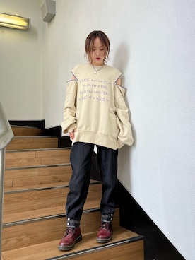 「肌見せ」｜「アイテム（スウェット）」を使った、MAYUさん（レディース・154cm）の冬コーディネート