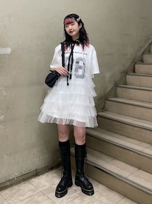 【即日発送】レースとチュールがふんわり重なるドッキングワンピ♡小花柄♡黒色♡S セール】【予約受付中】1枚で完成する大人の抜け感ワンピ♪袖花
