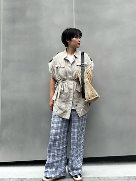 「russet（ラシット）のINDIA ラフィアワンショルダーバッグ（ショルダーバッグ、ベージュ系）」を使った、oshimaanさん（レディース・158cm）の夏コーディネート