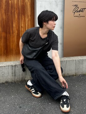 「russet（ラシット）の【名品】ソフトレザーラウンドショルダーバッグ(CE-1326)（ショルダーバッグ、ブラック系）」を使った、oshimaanさん（レディース・158cm）の夏コーディネート