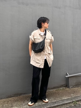 「russet（ラシット）の【名品】ソフトレザーラウンドショルダーバッグ(CE-1326)（ショルダーバッグ、ブラック系）」を使った、oshimaanさん（レディース・158cm）の夏コーディネート