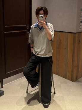 「RAGEBLUE（レイジブルー）のDOCKING SKIPPER KNIT POLO SHIRTS/ドッキングスキッパーニットポロシャツ（ポロシャツ、グレー系）」を使った、25a99さん（メンズ）の夏コーディネート