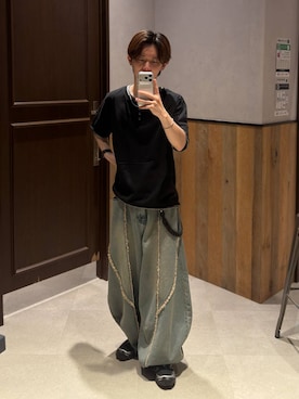 「RAGEBLUE（レイジブルー）のHENLEY NECK FAKE LAYERED T-SHIRTS/フェイクレイヤードヘンリーネックTシャツ（Tシャツ/カットソー、ブラック系）」を使った、25a99さん（メンズ）の夏コーディネート