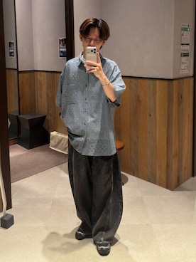 「RAGEBLUE（レイジブルー）のDESIGN LACE KNITTING SHIRTS/デザインレース柄シャツ（シャツ/ブラウス、ブルー系）」を使った、25a99さん（メンズ）の夏コーディネート