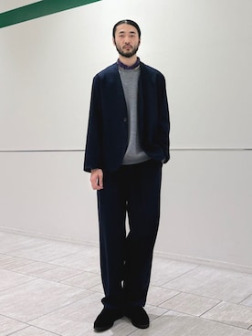 「アイテム（ノーカラージャケット）」を使った、室川さん（メンズ・178cm）の冬コーディネート