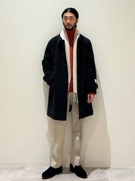 「アイテム（ステンカラーコート）」を使った、室川さん（メンズ・178cm）の冬コーディネート