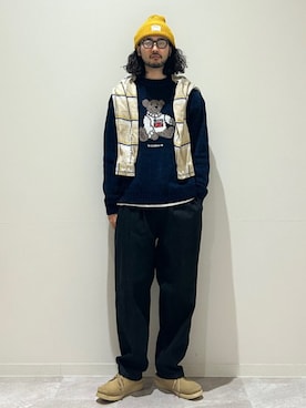 「アイテム（ニット/セーター、ブルー系）」を使った、室川さん（メンズ・178cm）の秋コーディネート