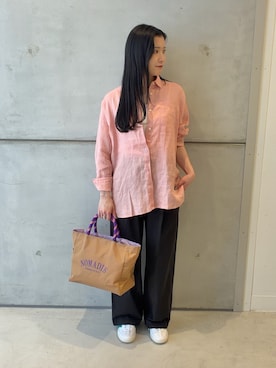 「URBAN RESEARCH DOORS（アーバンリサーチドアーズ）のリネンオーバーシャツ（シャツ/ブラウス、ピンク系）」を使った、meiさん（レディース・157cm）の春コーディネート
