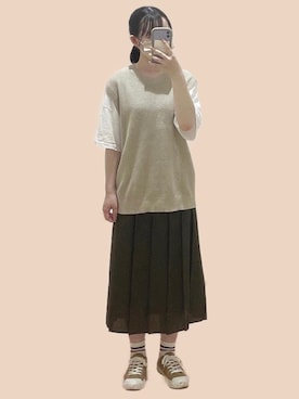 「ダークグリーン」｜「アイテム（ニット/セーター）」を使った、ふさん（レディース・156cm）の秋コーディネート