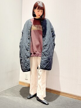 「コーデュロイパンツ」｜「アイテム（ノーカラーコート）」を使った、satomikamoさん（レディース・162cm）の冬コーディネート