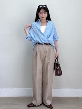 「ROPE' PICNIC（ロペピクニック）のワイドスクエアボストンバッグ/2WAY（ボストンバッグ、ブラウン系）」を使った、nodokaさん（レディース・161cm）の春コーディネート