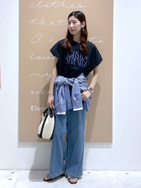 「Elura（エルーラ）の大人ワイドデニム＜低身長サイズあり＞ / 579971（デニムパンツ、ブルー系）」を使った、まゆさん（レディース・167cm）の春コーディネート
