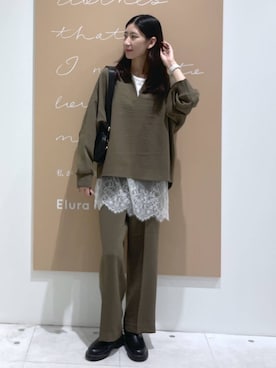 「Elura（エルーラ）のWクロスワイドパンツ＜低身長サイズあり＞/1043424（その他パンツ、グリーン系）」を使った、まゆさん（レディース・167cm）の秋コーディネート