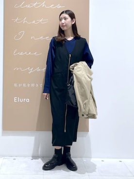 「Elura（エルーラ）のサマ見えリラクシージャンスカ/625550（ジャンパースカート、ブラック系）」を使った、まゆさん（レディース・167cm）の春コーディネート