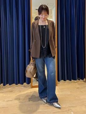 「MICO COULIER（ミコクリエ）の裾レースサテンキャミソール（シャツ/ブラウス、ブラック系）」を使った、tomonaさん（レディース・159cm）の夏コーディネート