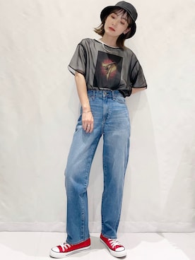 「earth music&ecology（アースミュージックアンドエコロジー）のアイテム（ハット、ブラック系）」を使った、MAMIさん（レディース・155cm）の夏コーディネート