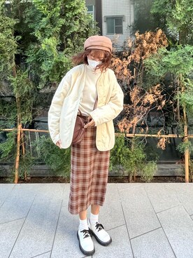 「GU（ジーユー）のアイテム（ノーカラージャケット）」を使った、しん꙳さん（レディース・165cm）の冬コーディネート