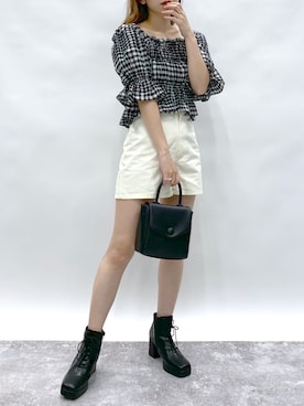 「Heather（ヘザー）のチェックコットンスクエアブラウス【SETUP対応】　958861（シャツ/ブラウス）」を使った、みさっきーさん（レディース・154cm）の夏コーディネート