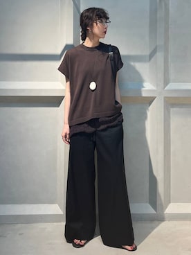 「Curensology（カレンソロジー）のCurensology(カレンソロジー)/リネンミックスドロストパンツ（その他パンツ、ブラック系）」を使った、kyokoさん（レディース・165cm）の夏コーディネート