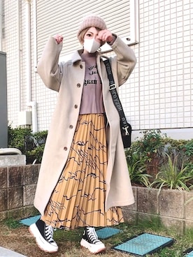 「ロゴニット」｜「アイテム（ステンカラーコート）」を使った、＊myuu🐈‍⬛＊さん（レディース・148cm）の冬コーディネート